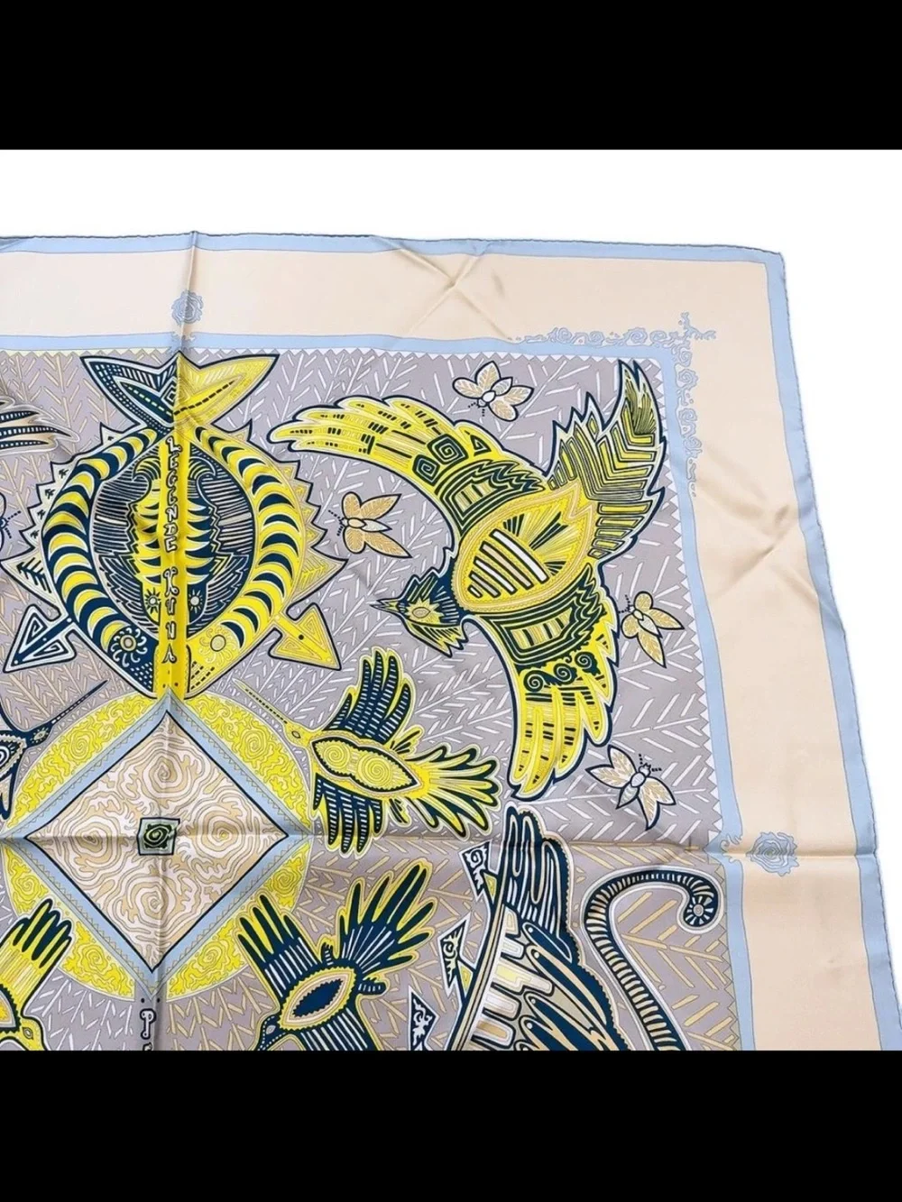 Hermès Pale Blue, Yellow & Beige Bird Motif Silk Scarf